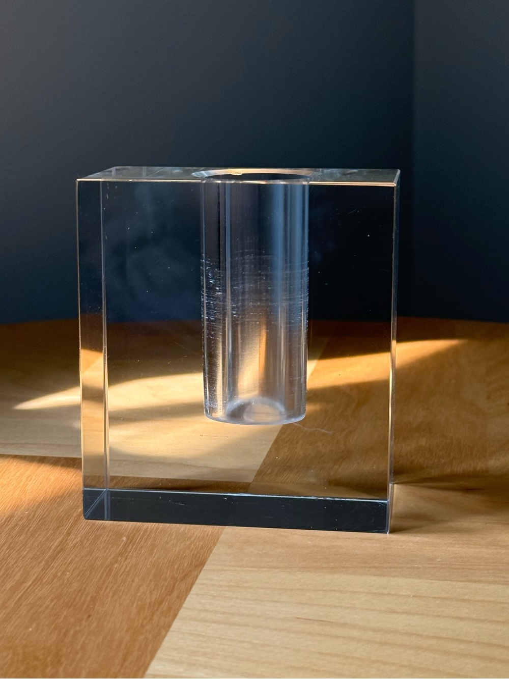 Flower Bud Vase Weighted Square Glass Block c1990s Minimalist Contemporary Decor